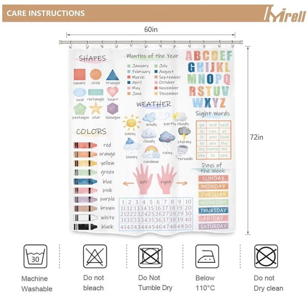 Kids Educational Shower Curtain 72Wx72H Inches ABC Alphabet Watercolor Pastel